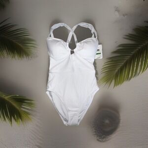 NWT Becca by Rebecca Virtue Women's One Piece Swimsuit Large Criss Cross White